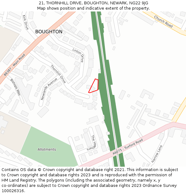 21, THORNHILL DRIVE, BOUGHTON, NEWARK, NG22 9JG: Location map and indicative extent of plot