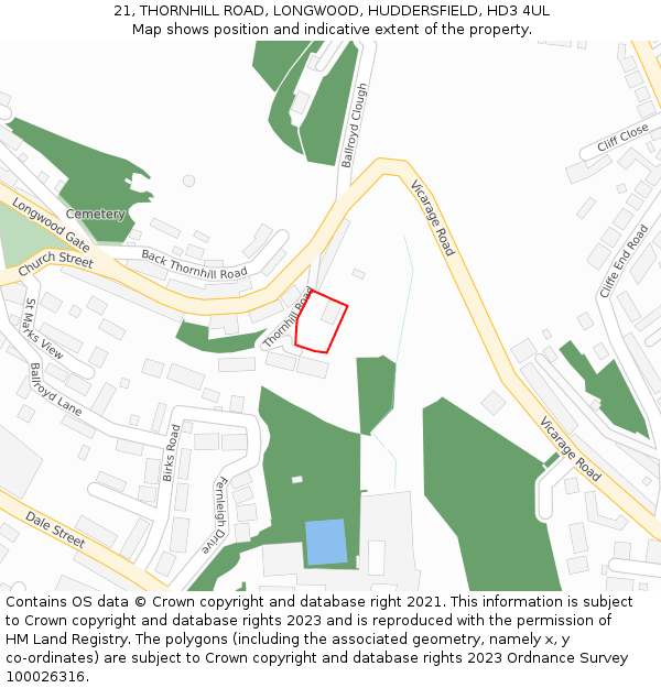 21, THORNHILL ROAD, LONGWOOD, HUDDERSFIELD, HD3 4UL: Location map and indicative extent of plot