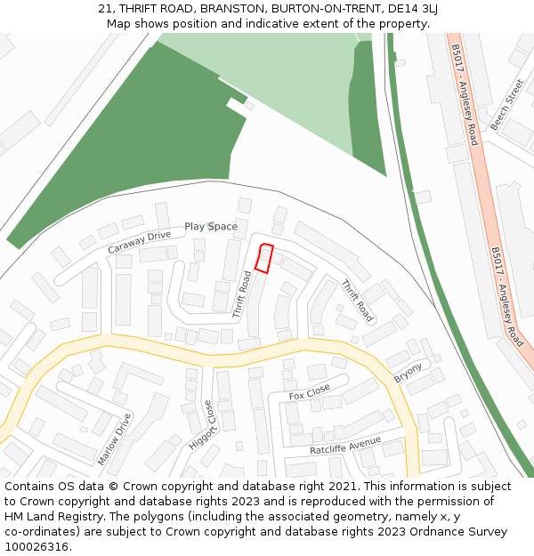 21, THRIFT ROAD, BRANSTON, BURTON-ON-TRENT, DE14 3LJ: Location map and indicative extent of plot