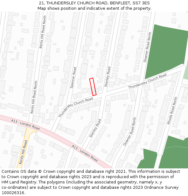 21, THUNDERSLEY CHURCH ROAD, BENFLEET, SS7 3ES: Location map and indicative extent of plot