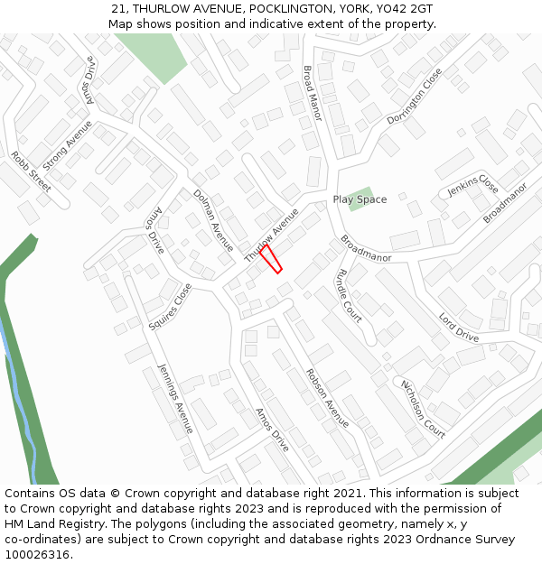 21, THURLOW AVENUE, POCKLINGTON, YORK, YO42 2GT: Location map and indicative extent of plot