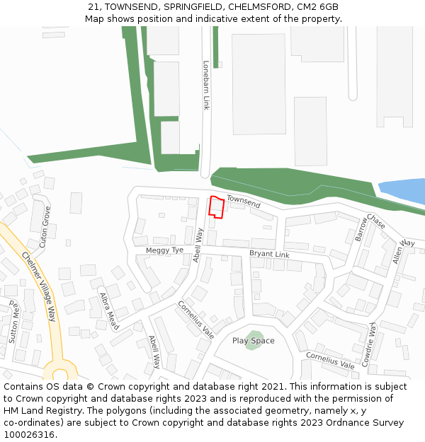 21, TOWNSEND, SPRINGFIELD, CHELMSFORD, CM2 6GB: Location map and indicative extent of plot