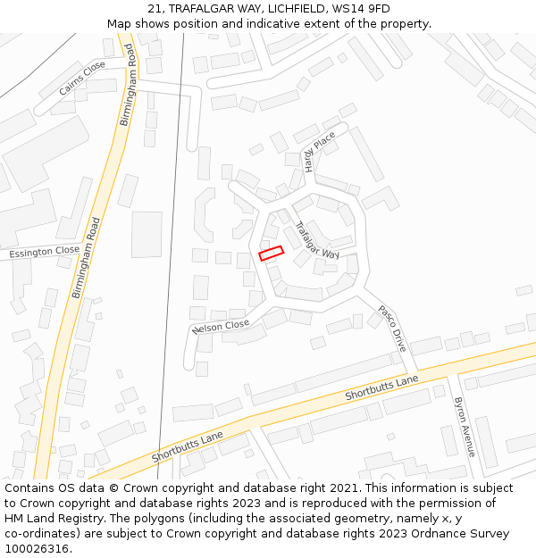 21, TRAFALGAR WAY, LICHFIELD, WS14 9FD: Location map and indicative extent of plot
