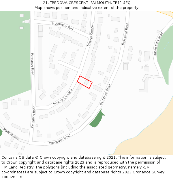 21, TREDOVA CRESCENT, FALMOUTH, TR11 4EQ: Location map and indicative extent of plot