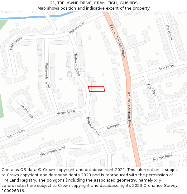 21, TRELAWNE DRIVE, CRANLEIGH, GU6 8BS: Location map and indicative extent of plot