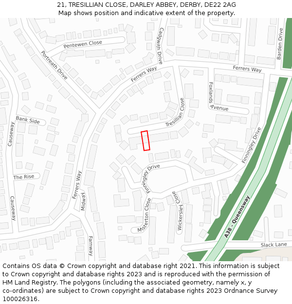 21, TRESILLIAN CLOSE, DARLEY ABBEY, DERBY, DE22 2AG: Location map and indicative extent of plot