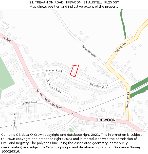 21, TREVANION ROAD, TREWOON, ST AUSTELL, PL25 5SY: Location map and indicative extent of plot