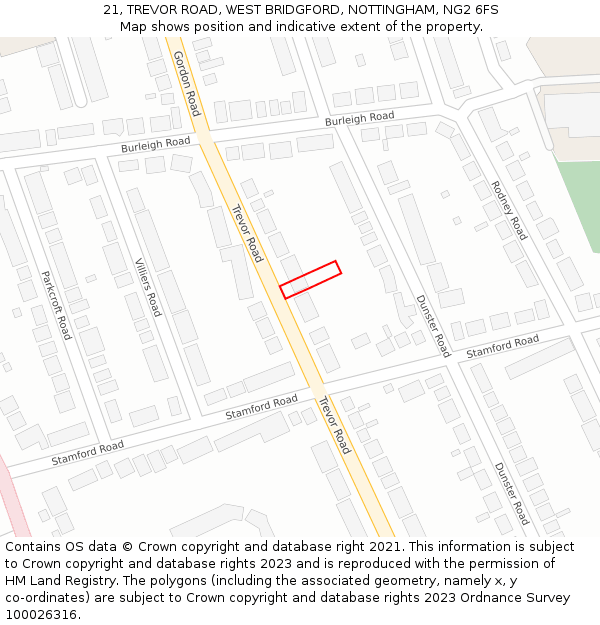 21, TREVOR ROAD, WEST BRIDGFORD, NOTTINGHAM, NG2 6FS: Location map and indicative extent of plot