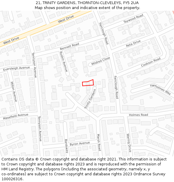 21, TRINITY GARDENS, THORNTON-CLEVELEYS, FY5 2UA: Location map and indicative extent of plot