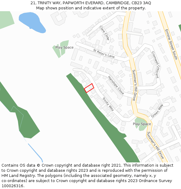 21, TRINITY WAY, PAPWORTH EVERARD, CAMBRIDGE, CB23 3AQ: Location map and indicative extent of plot