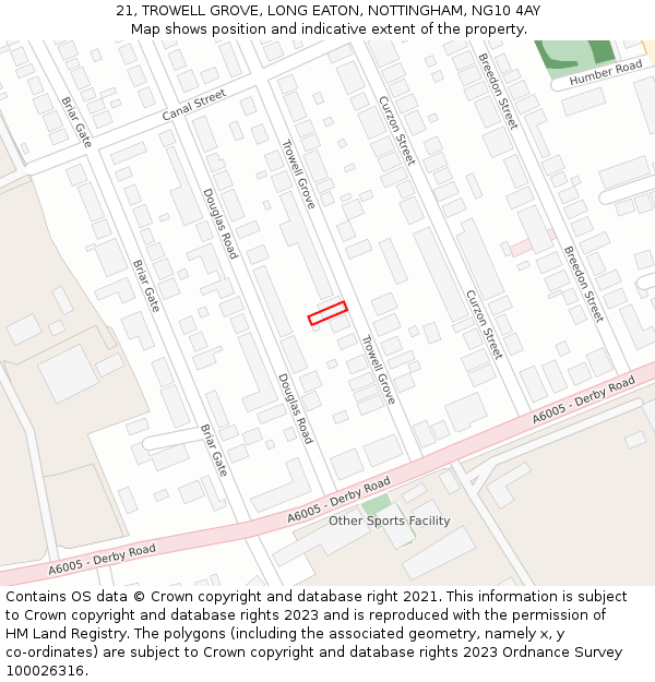 21, TROWELL GROVE, LONG EATON, NOTTINGHAM, NG10 4AY: Location map and indicative extent of plot