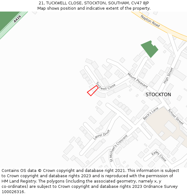 21, TUCKWELL CLOSE, STOCKTON, SOUTHAM, CV47 8JP: Location map and indicative extent of plot