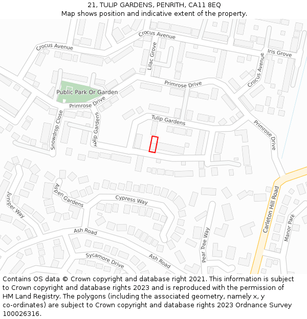 21, TULIP GARDENS, PENRITH, CA11 8EQ: Location map and indicative extent of plot