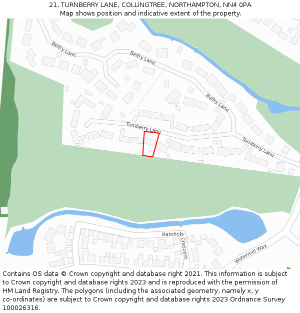 21, TURNBERRY LANE, COLLINGTREE, NORTHAMPTON, NN4 0PA: Location map and indicative extent of plot