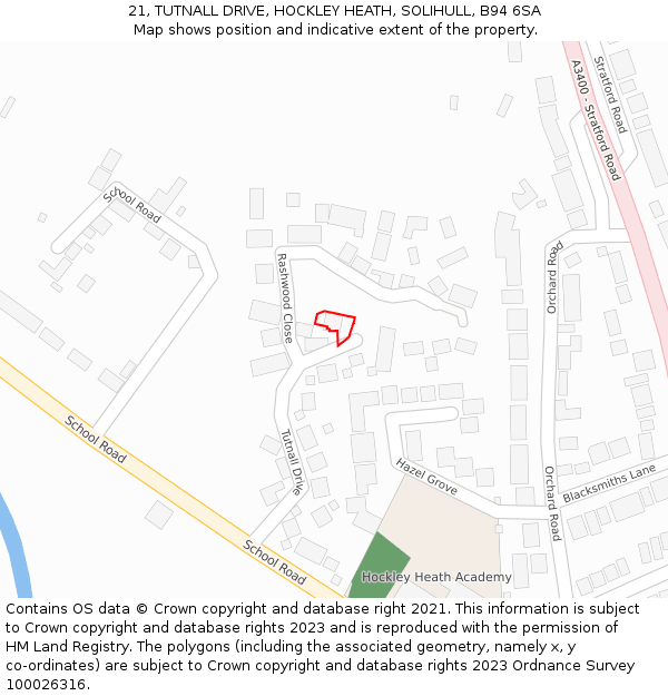 21, TUTNALL DRIVE, HOCKLEY HEATH, SOLIHULL, B94 6SA: Location map and indicative extent of plot