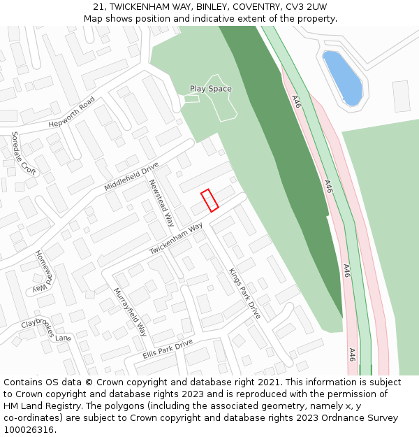 21, TWICKENHAM WAY, BINLEY, COVENTRY, CV3 2UW: Location map and indicative extent of plot