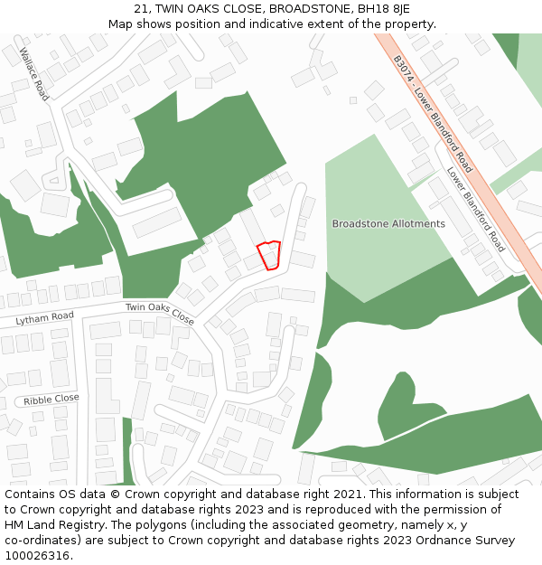 21, TWIN OAKS CLOSE, BROADSTONE, BH18 8JE: Location map and indicative extent of plot