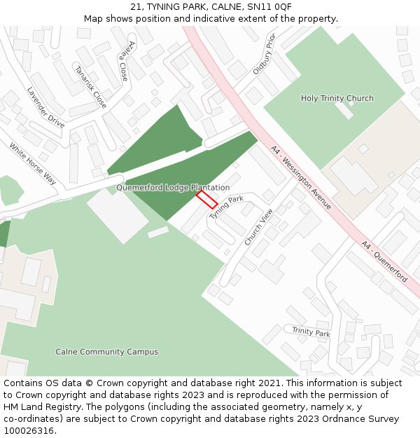 21, TYNING PARK, CALNE, SN11 0QF: Location map and indicative extent of plot