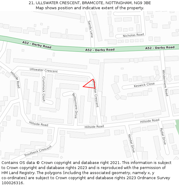 21, ULLSWATER CRESCENT, BRAMCOTE, NOTTINGHAM, NG9 3BE: Location map and indicative extent of plot