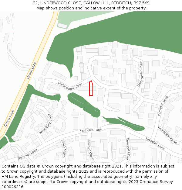 21, UNDERWOOD CLOSE, CALLOW HILL, REDDITCH, B97 5YS: Location map and indicative extent of plot