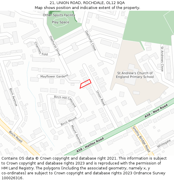 21, UNION ROAD, ROCHDALE, OL12 9QA: Location map and indicative extent of plot