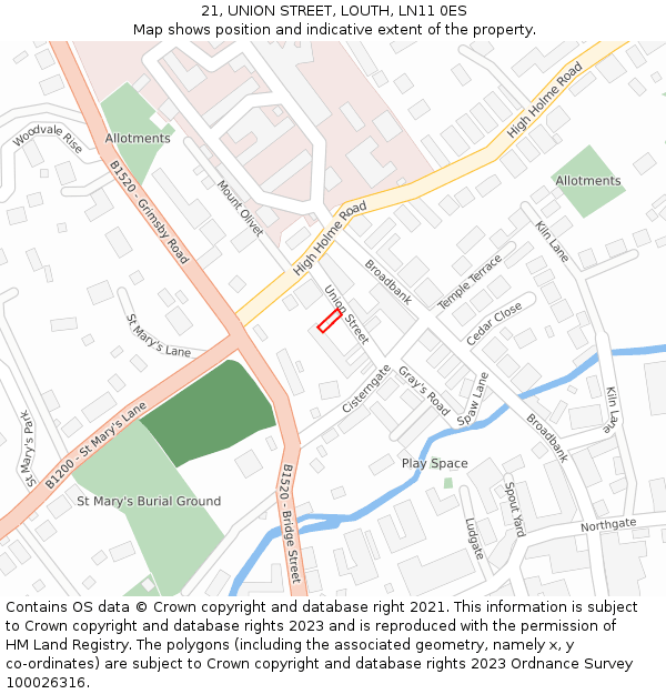 21, UNION STREET, LOUTH, LN11 0ES: Location map and indicative extent of plot