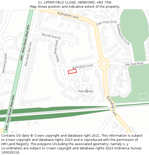 21, UPPER FIELD CLOSE, HEREFORD, HR2 7SW: Location map and indicative extent of plot