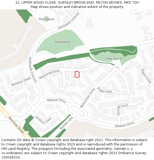 21, UPPER WOOD CLOSE, SHENLEY BROOK END, MILTON KEYNES, MK5 7GH: Location map and indicative extent of plot