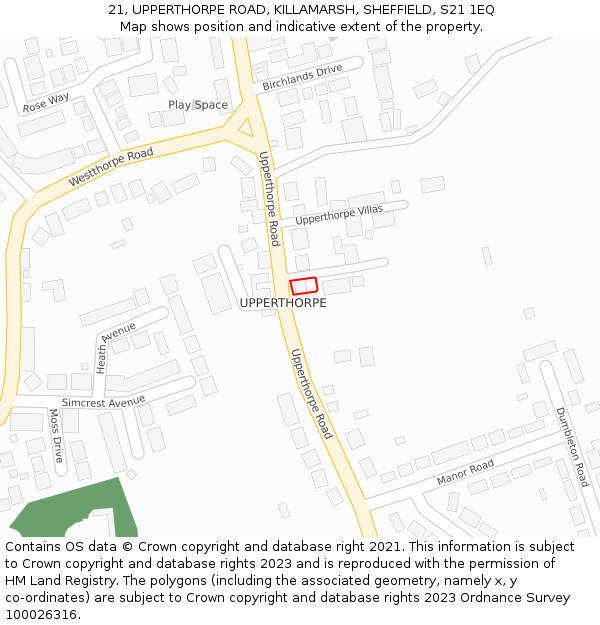 21, UPPERTHORPE ROAD, KILLAMARSH, SHEFFIELD, S21 1EQ: Location map and indicative extent of plot