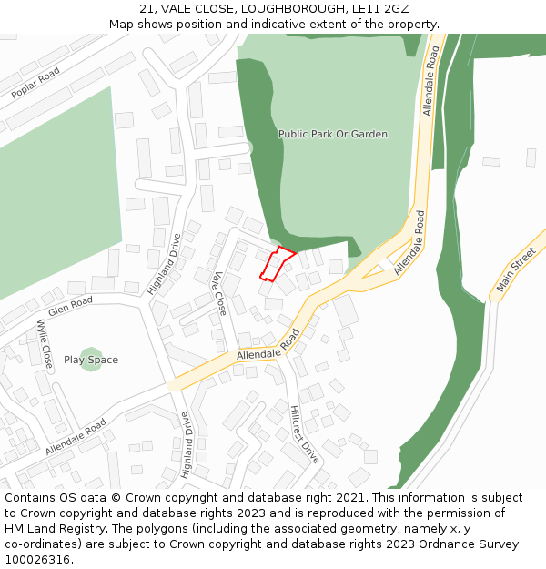 21, VALE CLOSE, LOUGHBOROUGH, LE11 2GZ: Location map and indicative extent of plot