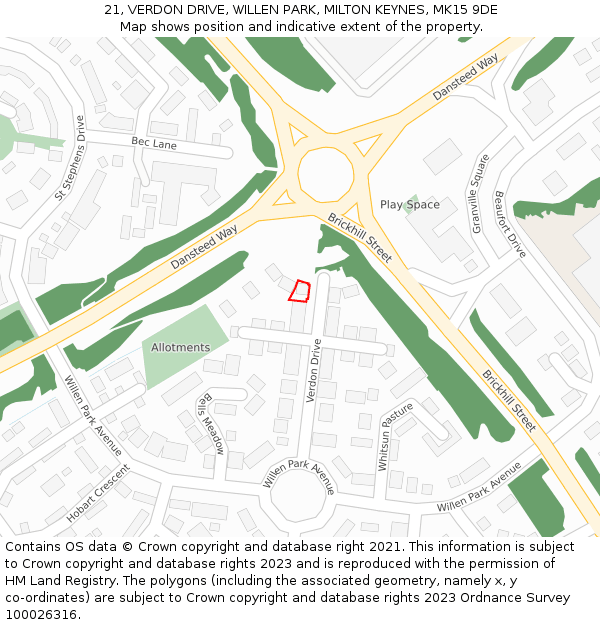 21, VERDON DRIVE, WILLEN PARK, MILTON KEYNES, MK15 9DE: Location map and indicative extent of plot