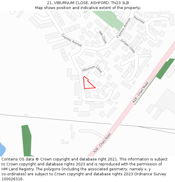 21, VIBURNUM CLOSE, ASHFORD, TN23 3LB: Location map and indicative extent of plot