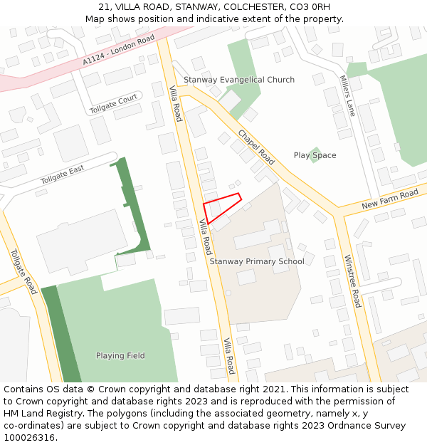 21, VILLA ROAD, STANWAY, COLCHESTER, CO3 0RH: Location map and indicative extent of plot