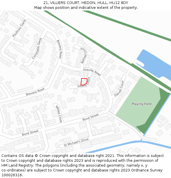 21, VILLIERS COURT, HEDON, HULL, HU12 8DY: Location map and indicative extent of plot