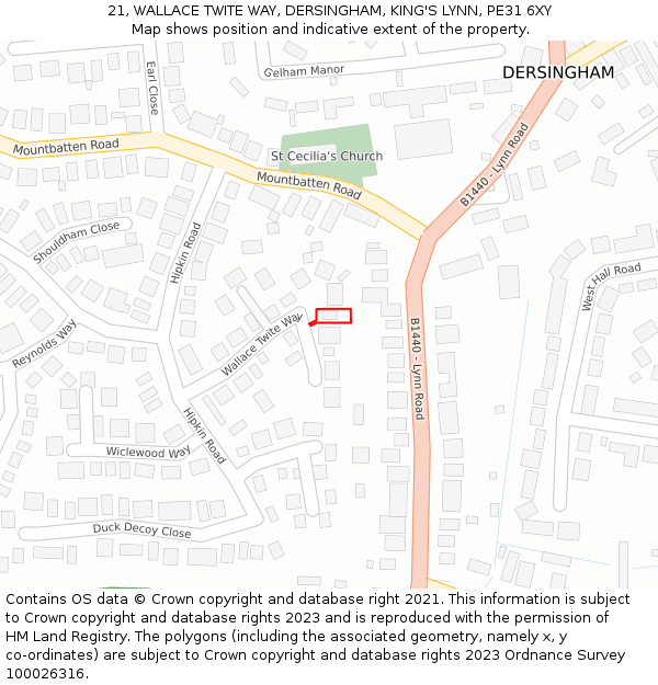 21, WALLACE TWITE WAY, DERSINGHAM, KING'S LYNN, PE31 6XY: Location map and indicative extent of plot