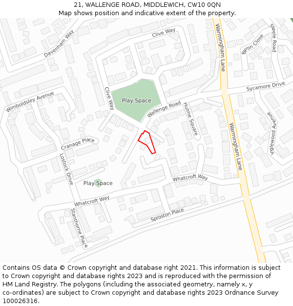 21, WALLENGE ROAD, MIDDLEWICH, CW10 0QN: Location map and indicative extent of plot