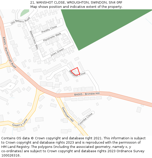 21, WANSHOT CLOSE, WROUGHTON, SWINDON, SN4 0RF: Location map and indicative extent of plot
