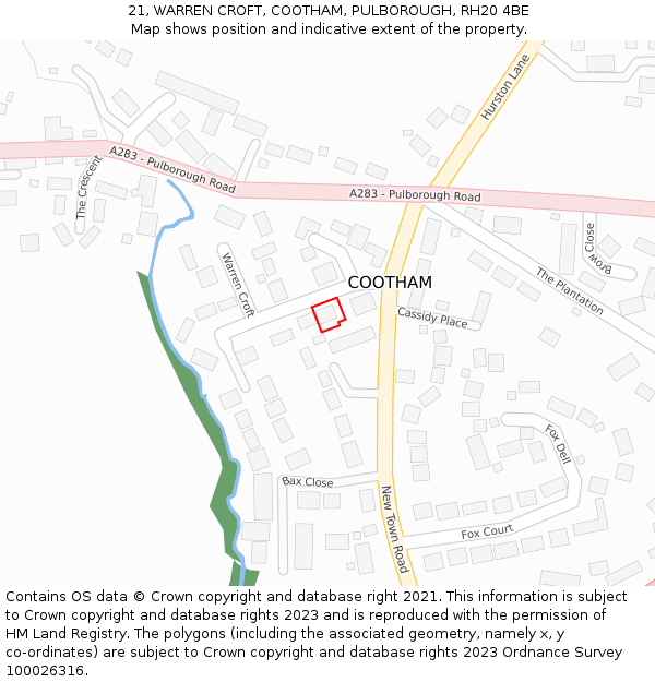 21, WARREN CROFT, COOTHAM, PULBOROUGH, RH20 4BE: Location map and indicative extent of plot