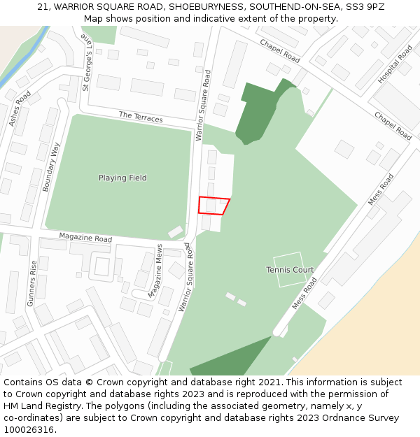 21, WARRIOR SQUARE ROAD, SHOEBURYNESS, SOUTHEND-ON-SEA, SS3 9PZ: Location map and indicative extent of plot