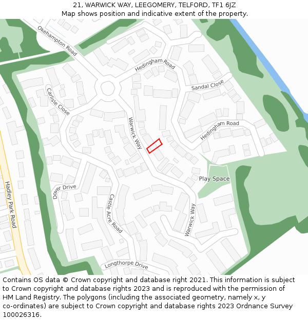 21, WARWICK WAY, LEEGOMERY, TELFORD, TF1 6JZ: Location map and indicative extent of plot