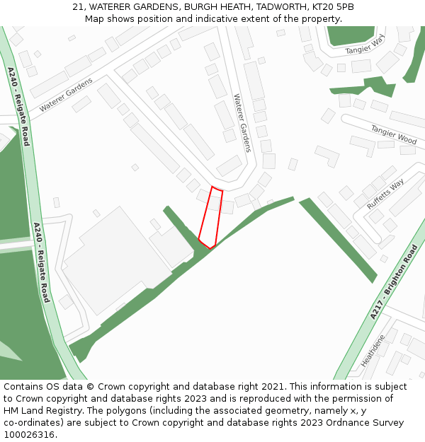 21, WATERER GARDENS, BURGH HEATH, TADWORTH, KT20 5PB: Location map and indicative extent of plot