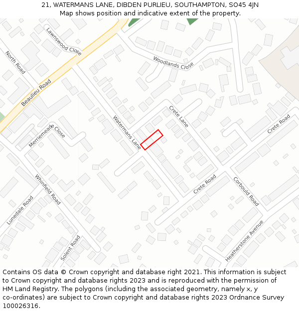 21, WATERMANS LANE, DIBDEN PURLIEU, SOUTHAMPTON, SO45 4JN: Location map and indicative extent of plot