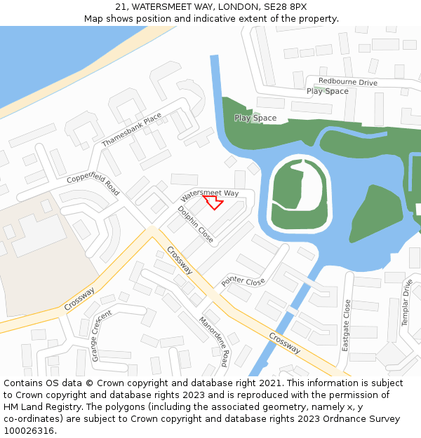 21, WATERSMEET WAY, LONDON, SE28 8PX: Location map and indicative extent of plot