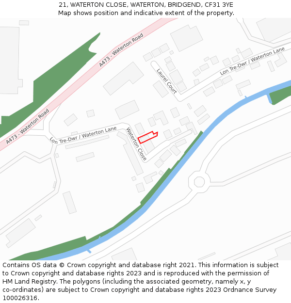 21, WATERTON CLOSE, WATERTON, BRIDGEND, CF31 3YE: Location map and indicative extent of plot