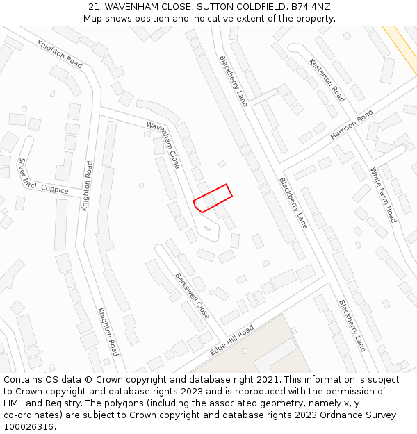 21, WAVENHAM CLOSE, SUTTON COLDFIELD, B74 4NZ: Location map and indicative extent of plot