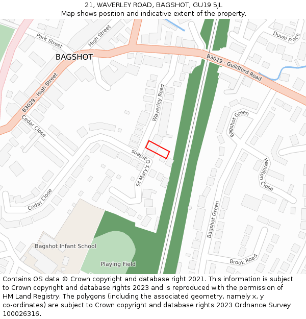 21, WAVERLEY ROAD, BAGSHOT, GU19 5JL: Location map and indicative extent of plot