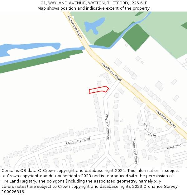 21, WAYLAND AVENUE, WATTON, THETFORD, IP25 6LF: Location map and indicative extent of plot