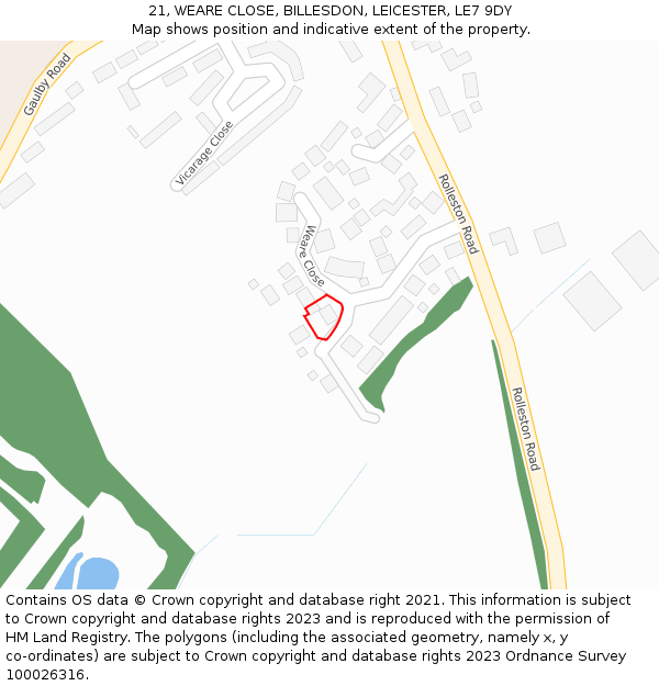 21, WEARE CLOSE, BILLESDON, LEICESTER, LE7 9DY: Location map and indicative extent of plot