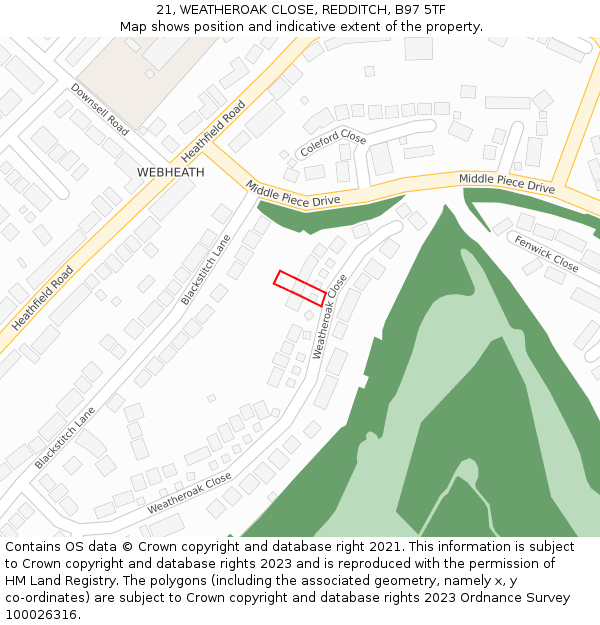 21, WEATHEROAK CLOSE, REDDITCH, B97 5TF: Location map and indicative extent of plot