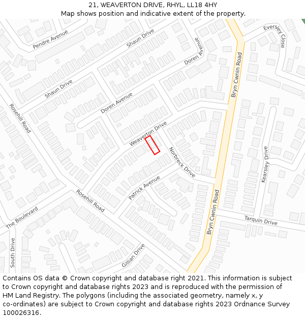 21, WEAVERTON DRIVE, RHYL, LL18 4HY: Location map and indicative extent of plot